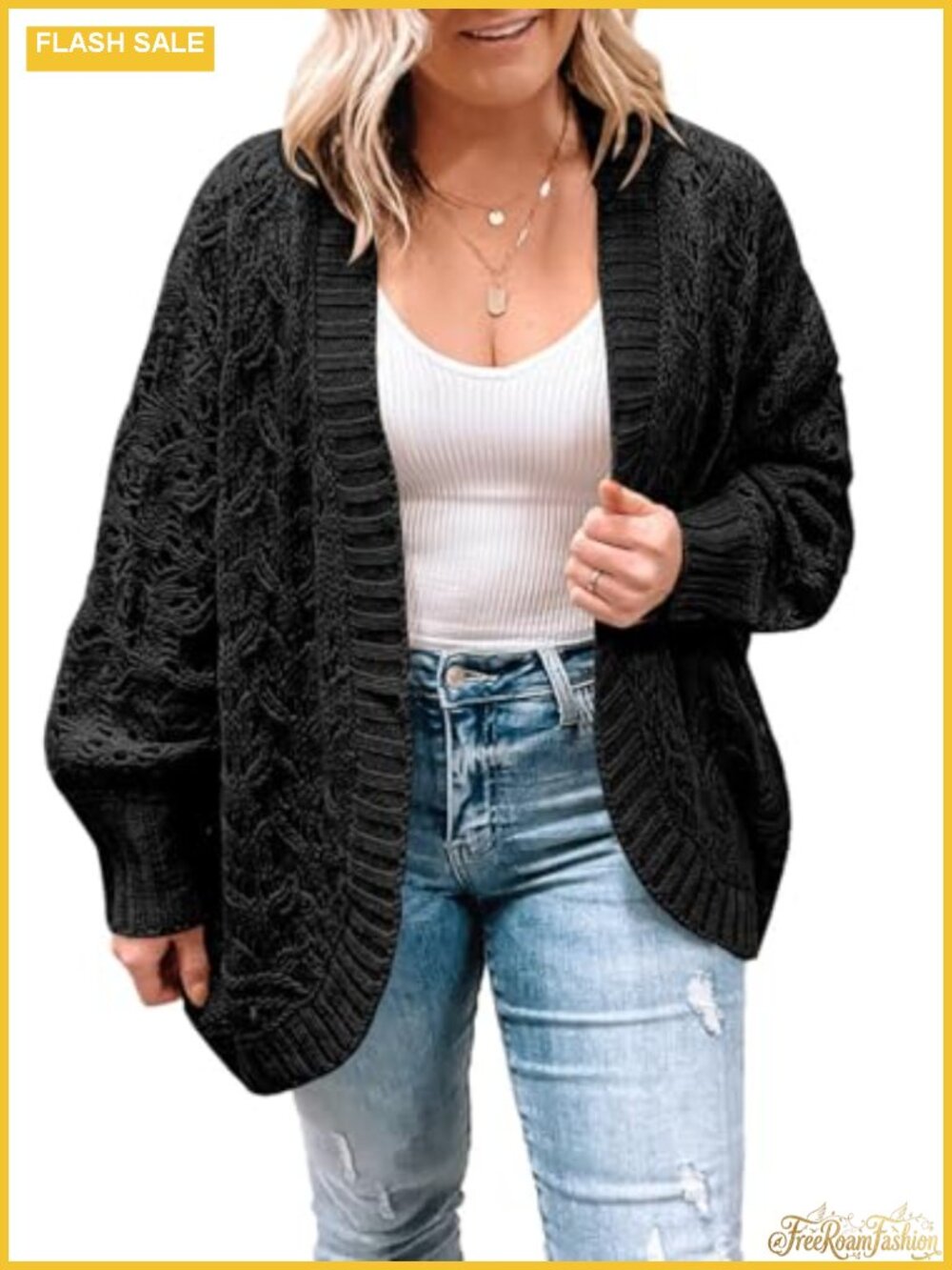 Plus Size Open Front Crochet Knit Long Sleeve Cardigan Sweater